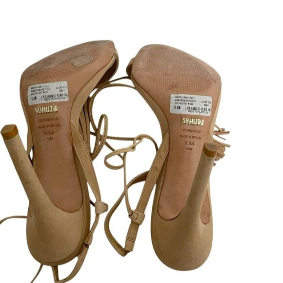 SCHUTZ Size 9.5 Beige Heel Stiletto Pom Pom Tassels Camel - Picture 9 of 12